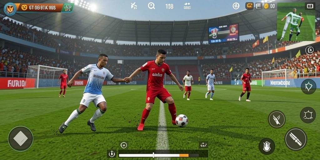 Screenshot utama dari GT108 menampilkan aksi pertandingan sepak bola yang seru.
