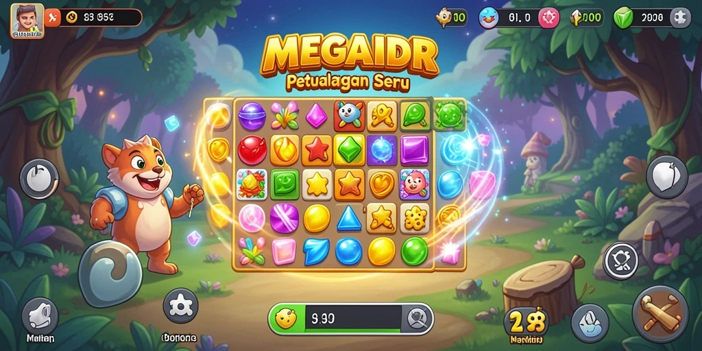 Tangkapan layar utama MEGAIDR menampilkan gameplay Match-3 yang seru dan menantang.