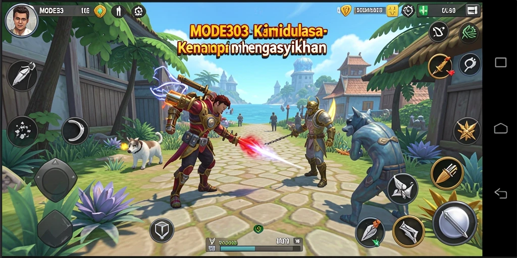 Tangkapan layar menunjukkan gameplay interaktif dan karakter dalam MODE303.