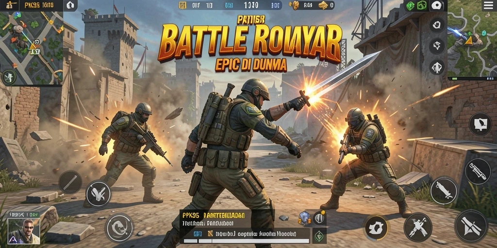 Screenshot gameplay PK95 yang menampilkan pertarungan seru Battle Royale.